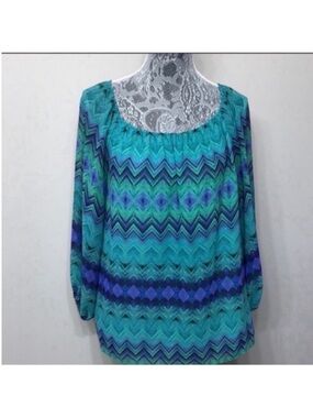 CHAUS Women’s Purple Green Chevron Peasant Long Sleeve Blouse M